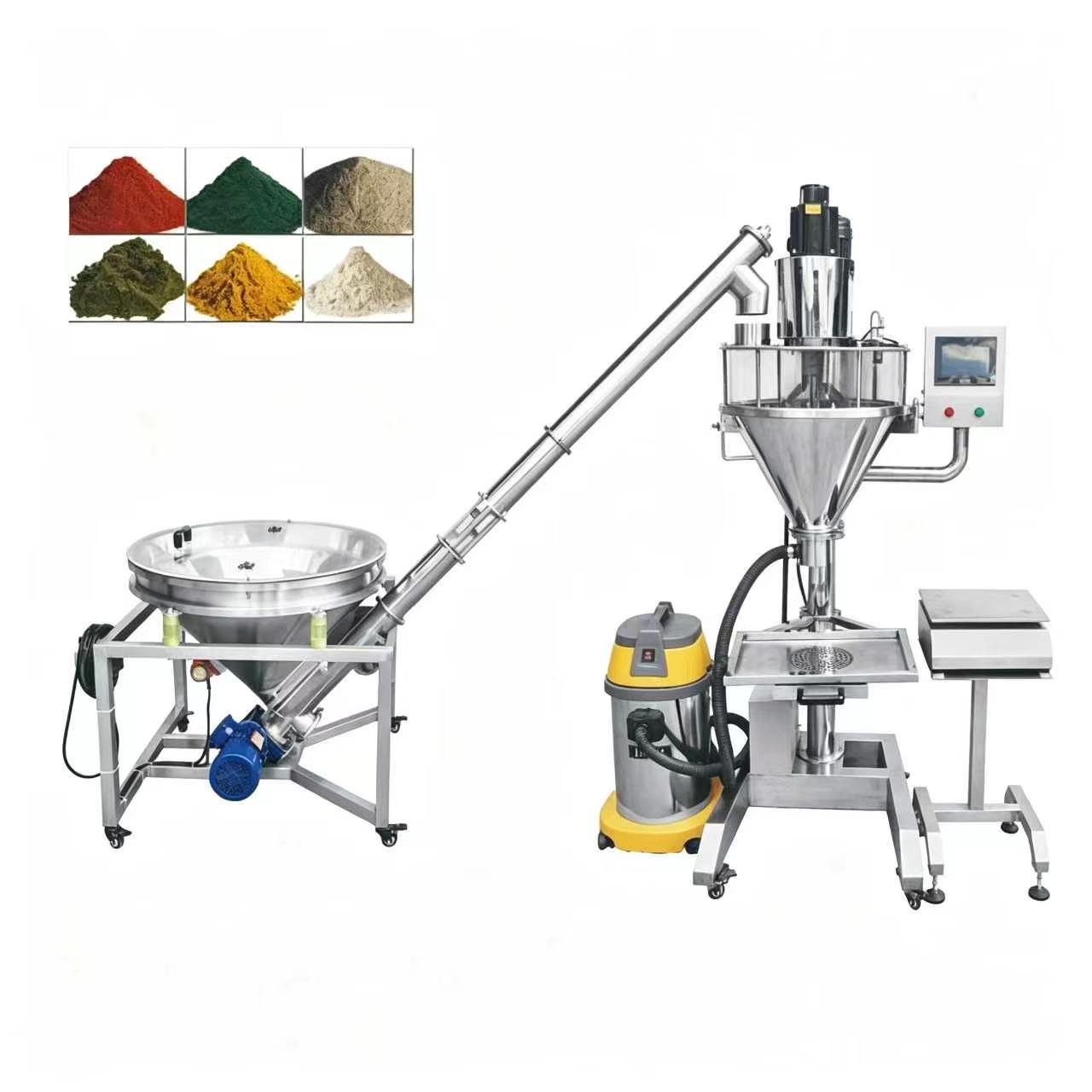 UF semi automatic powder filling machine with screw conveyor, stainless steel powder auger filler for food spice powder, GMP compliant