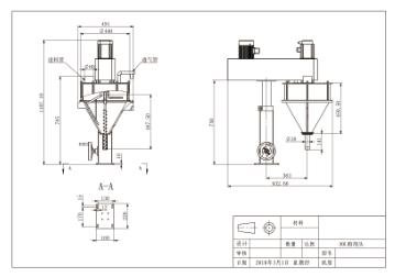 Engineering dimension drawing of automatic screw powder metering machine, technical outline drawing of screw dosing filler for powder packaging system, Uniflowpack powder metering equipment