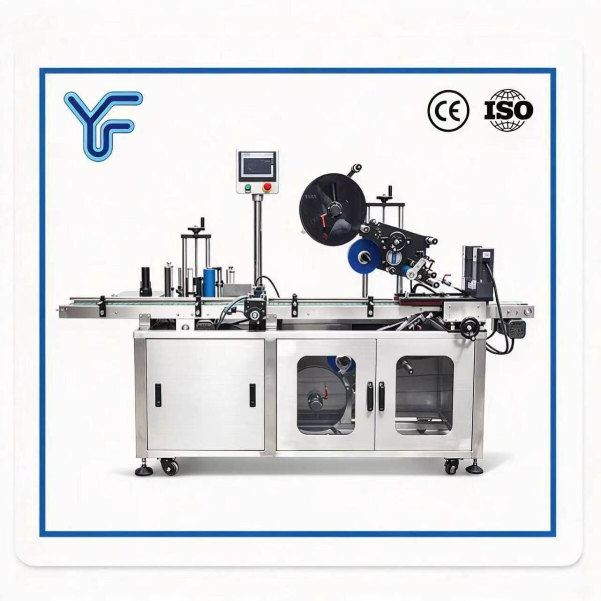 UF UFTB-220-2 Automatic Top & Bottom Flat Surface Labeling Machine, solves shifting products & inconsistent double labeling, ±1mm precision, CE ISO certified, buyers ask: can it add online printing and label rejection function?