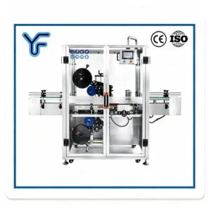 UF UFTB-220-1 Automatic Above & Below Flat Surface Labeling Machine, solves label offset & wrinkles for boxes and cards, ±1mm labeling precision, CE ISO certified, buyers ask: can it add sheet separator for paper feeding?