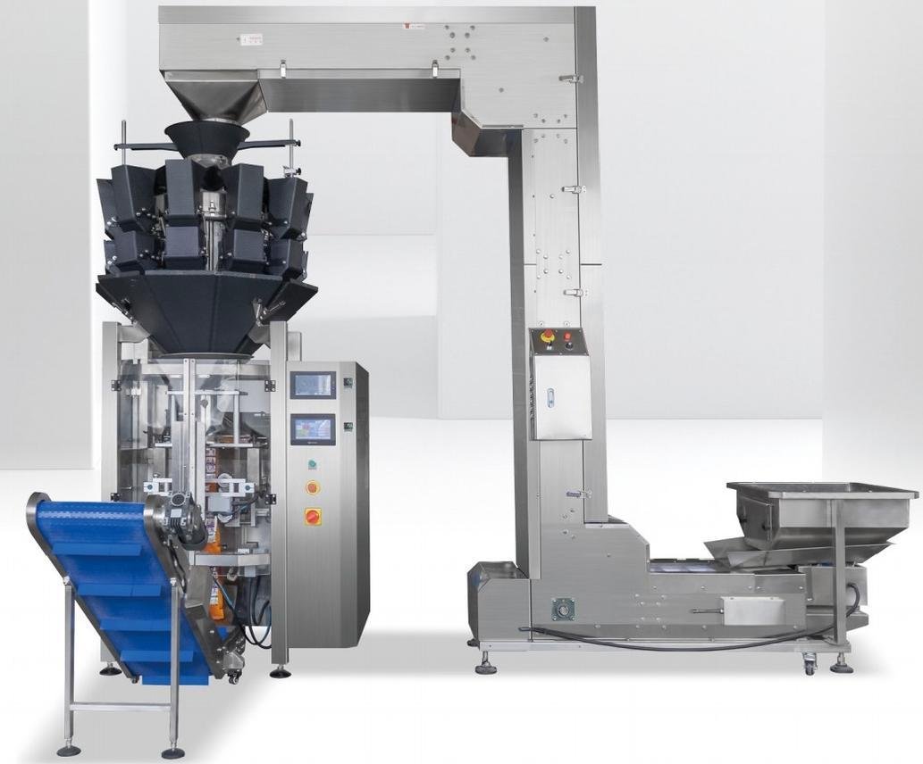 Multi-head weigher automatic vertical VFFS pouch packaging machine with elevator conveyor for food granular products, Uniflowpack vertical packing equipment