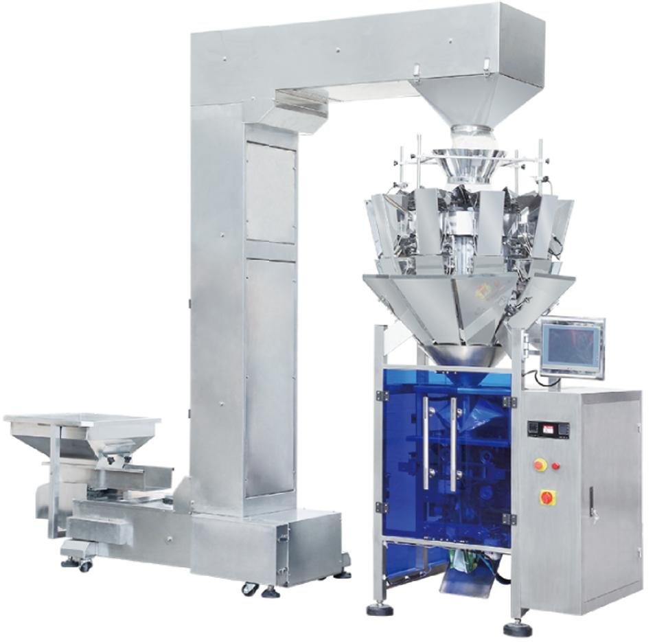 Uniflow vertical packaging machine with multi-head combination weigher and Z-type material elevator for granular food packing
