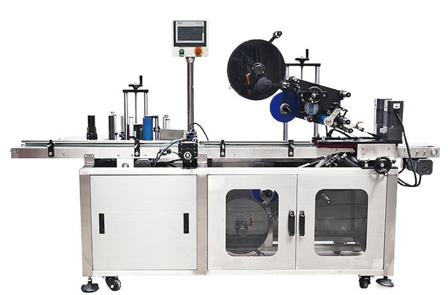 Uniflow UFTB-220-2 automatic top and bottom flat labeling machine with dual labeling heads for flat box double-sided sticker labeling