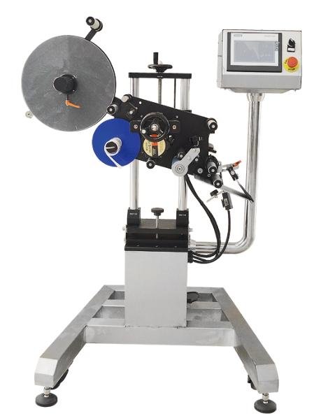 Uniflow UFTB-280 automatic mobile round bottle labeling head unit, stepper motor driven fiber optic tracking label applicator for cylindrical container labeling line