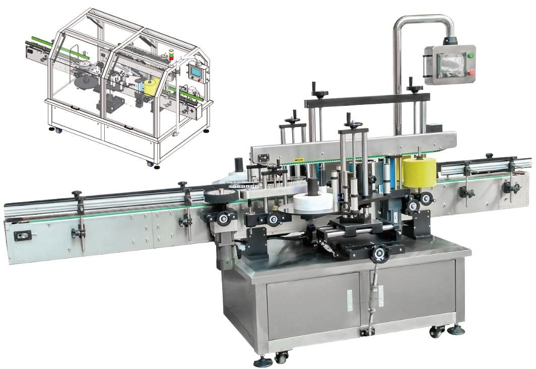 Uniflow UFTB-1540 multi function double sided labeling machine full production line, dual label heads with auto correction positioning system for flat, round and irregular bottles