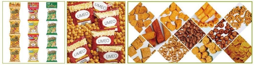 Application display image, UF‑420D packaging production line, finished sachet packages for puffed snacks nuts seeds