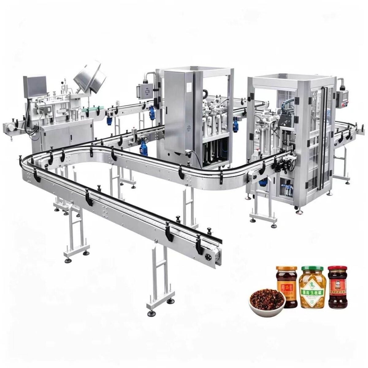 F U-shaped bottle packaging line with conveyor system, automatic filling and capping machine for food and pharmaceutical bottles