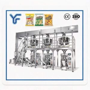 UF multi-head weigher packaging line with white square main machine body, integrates automatic weighing, forming, filling and sealing, suitable for food granule, nut and snack packaging