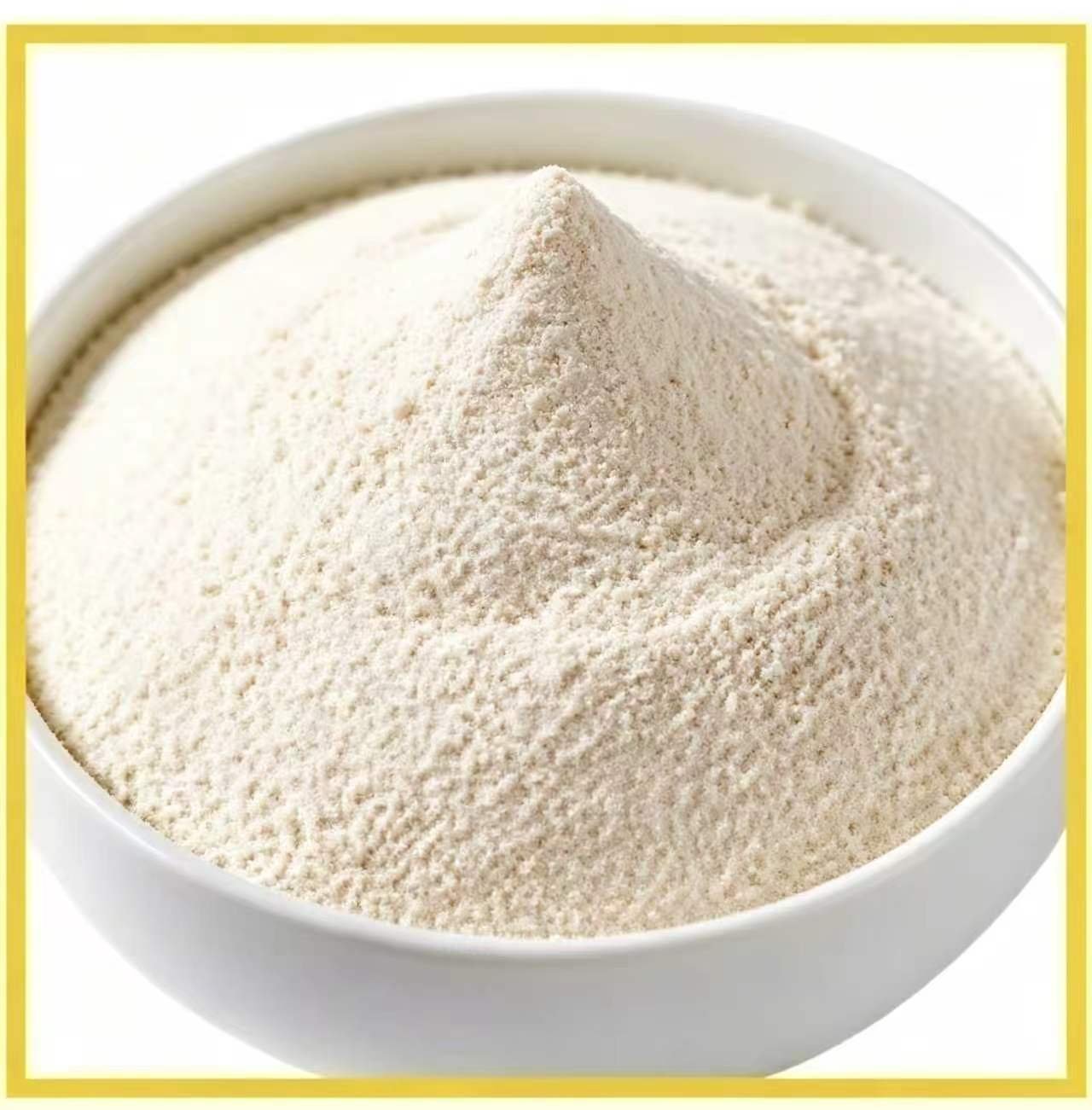 Rice protein powder, fine light beige powder in white bowl, raw material for automatic powder filling packaging machine
