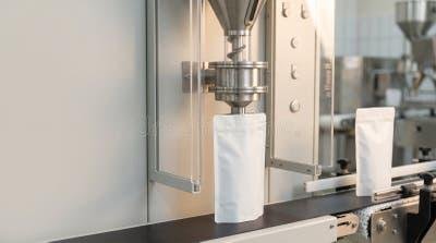 Auger screw powder filler filling pouches in automatic food production line