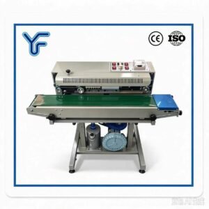DBF-1000 automatic inflatable film sealing machine, continuous air filled pouch sealer with steel stamp printing, solve puffed snack crushing problem, for lightweight plastic thin film packaging