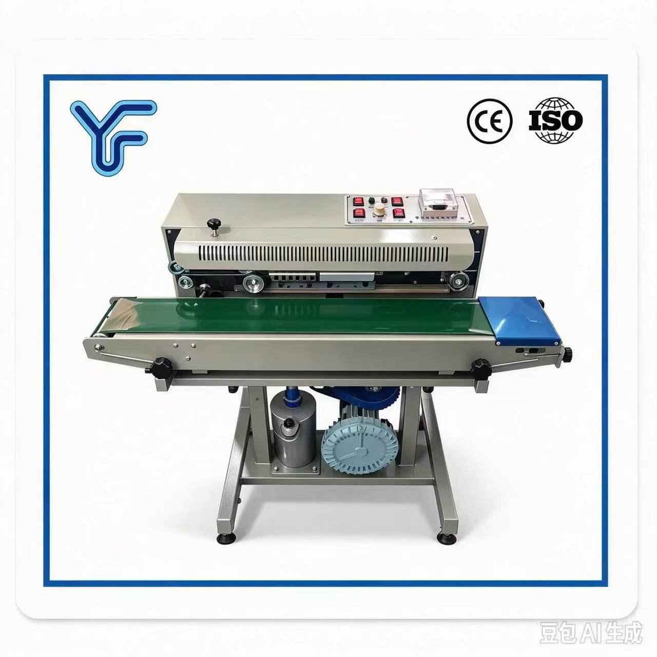 DBF-1000 automatic inflatable film sealing machine, continuous air filled pouch sealer with steel stamp printing, solve puffed snack crushing problem, for lightweight plastic thin film packaging