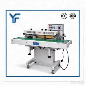 RW-200 floor-standing continuous sealing machine, plastic film composite bag sealer, adjustable conveyor height, stable continuous sealing for food pharmaceutical chemical agricultural packaging
