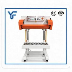 QLF700A pneumatic vertical sealing machine, heavy‑duty big bag sealer with height‑adjustable roller conveyor, max 50kg load, solve heavy composite bag sealing problem for grain food feed chemical