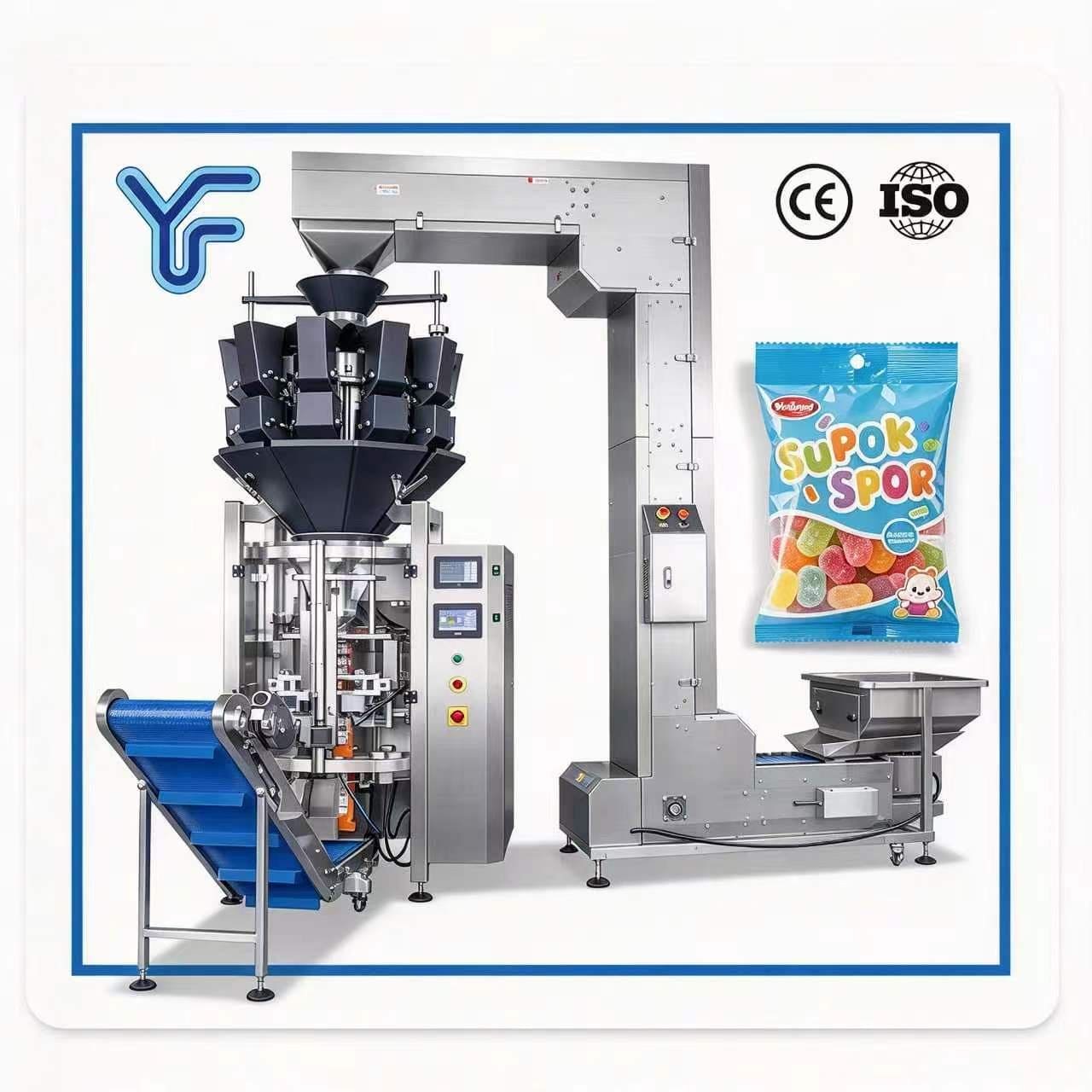 UF-420D AIO all-in-one packaging machinery vertical packing machine with multihead weigher and Z elevator for gummy candy, cheese ball and sticky food packaging, CE ISO certified